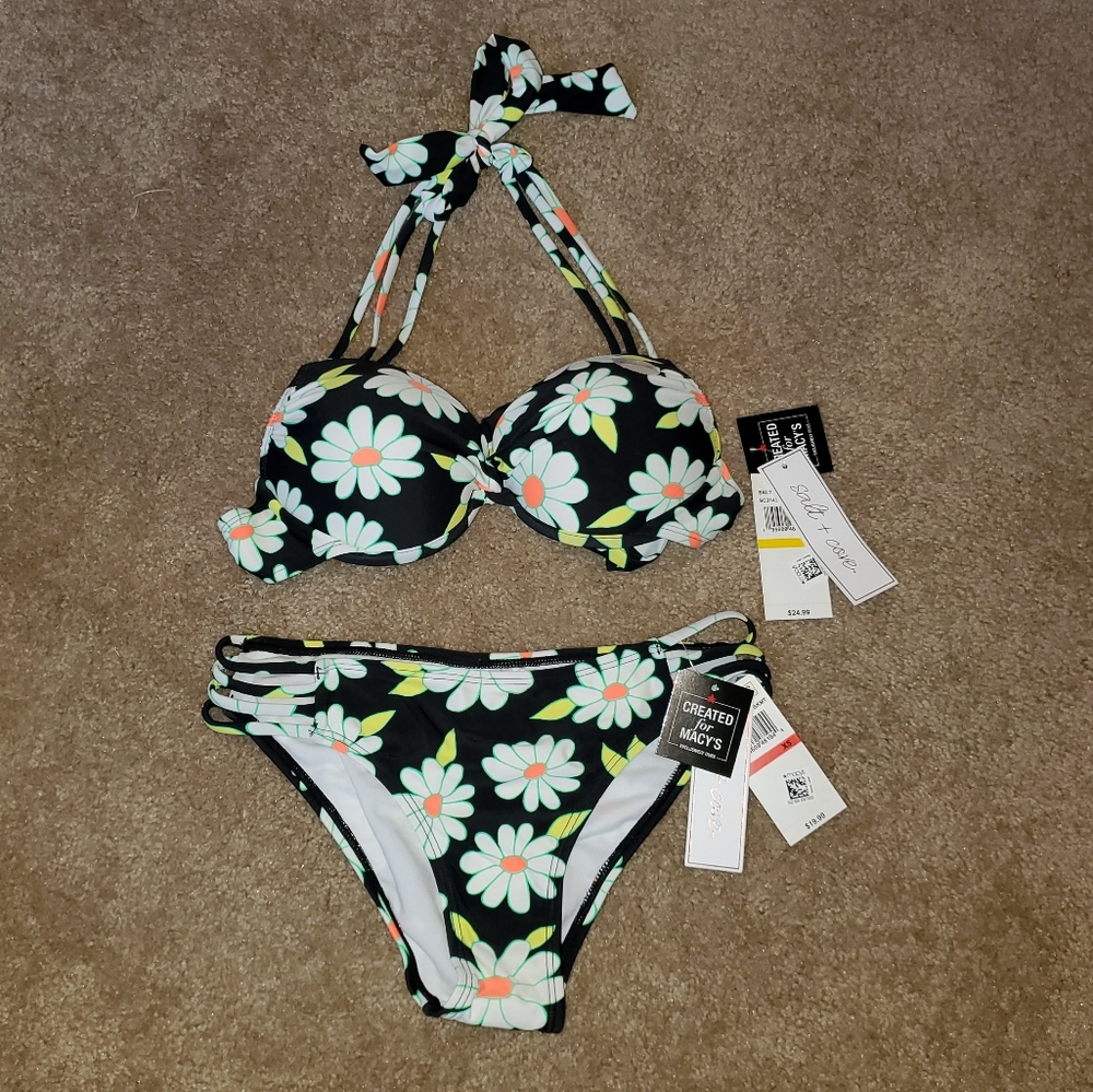 NWT Salt + Cove Black and White Floral Halter Bikini